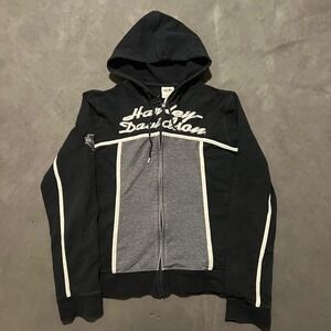 Y2K Harley-Davidson Womens XL Full Zip Spellout Hoodie Black Gray Colorblock